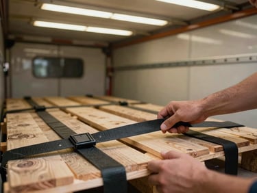 Close-up of cargo straps being secured over wooden pallets inside a full truck trailer, overhead fluorescent lighting, worker's hands visible, no faces