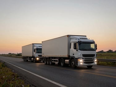 Panoramic view of a regional Brazilian highway at dusk, two cargo trucks in convoy on an open two-lane road, low horizon, warm sky gradient, motion blur on vehicles
