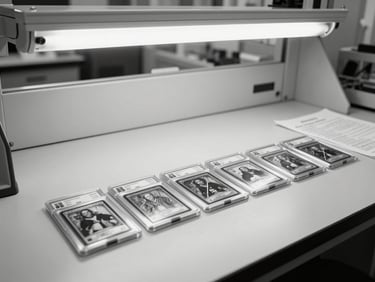 Wide environmental shot of a grading lab workspace, shadowless overhead fluorescent lighting, several trading cards in rigid sleeves laid out in a row on a clean white surface, grading documentation forms beside them, no people present, clinical precision, black and white tones