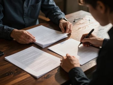 Quiet, focused partners analyzing physical documents on a dark oak table, low-key dramatic side-lighting, warm highlights on paper textures.