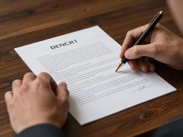 Close-up of a partner's hands reviewing a physical contract document on a dark oak table, warm side-lighting.