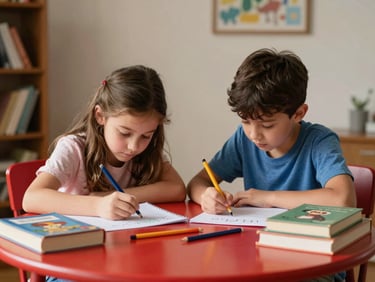 Duas crianças concentradas desenhando com lápis de col em uma mesa redonda colorida, cercadas por livros infantis.