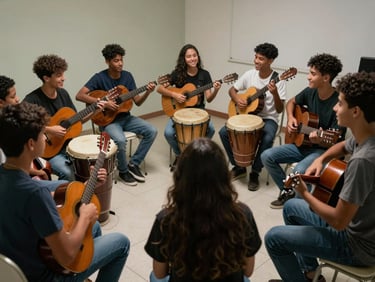 Grupo de adolescentes participando de uma oficina de música com violões e percussão, sorrindo em círculo.