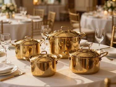 Gleaming polished brass cookware and elegant table settings in a grand, beautifully lit banquet hall, warm golden-hour light, sophisticated atmosphere.