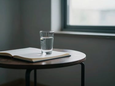 Interior detail of a room corner — a small side table with a glass of water and a closed notebook, cool diffused daylight from an unseen window, no people, calm and still