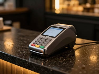 Dramatic close-up of a modern sleek POS payment terminal in a boutique bakery, warm golden ambient light reflecting on dark polished stone counter, premium look, 35mm lens