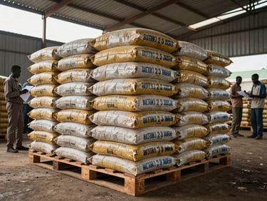 Wide documentary shot of stacked 60kg export coffee bags on wooden pallets inside a Ugandan warehouse, workers in the background checking manifest paperwork, overcast daylight through corrugated roof panels, scale of commodity volume visible