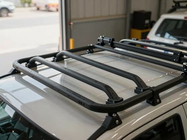 Documentary close-up of vehicle accessories—roof racks, tow bars, and recovery equipment—laid out on a concrete floor in a Dubai warehouse, natural light from roller doors