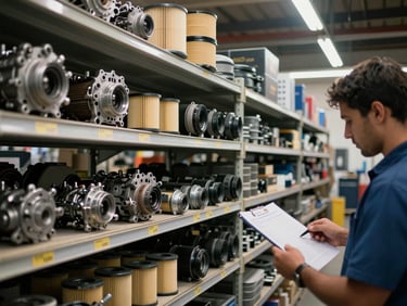 Wide shelf of automotive spare parts in a UAE warehouse under fluorescent light, engine components and filters neatly stacked, a worker cross-checking a manifest in the foreground