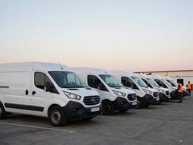 Wide-angle documentary shot of a row of white commercial fleet vans lined up on a port tarmac at dawn, doors open for loading inspection, workers visible in background