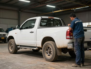 Close documentary shot of a pick-up truck being inspected by a logistics worker in a UAE staging yard, overhead warehouse light, dust on the tyres visible