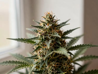 Close-up of vibrant green and purple cannabis flower with orange pistils, soft natural light, minimalist aesthetic