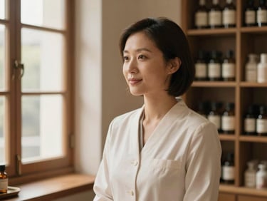 Portrait of a professional wellness consultant in a clean, warm-toned apothecary setting, soft window light, elegant composition, 35mm