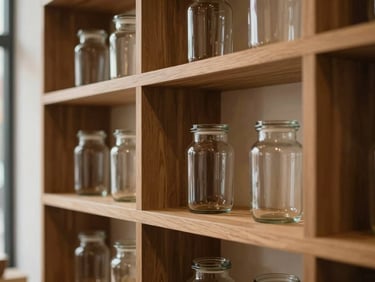 A warm, inviting view of a modern boutique interior with minimalist wooden shelves and glass jars, soft natural light, 35mm