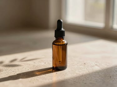 Minimalist amber glass tincture bottle with dropper on a warm stone surface, soft shadows, botanical details