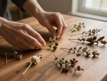 Close-up of hands arranging delicate botanical specimens and dried herbs on a wooden table, warm low-contrast studio lighting, 35mm