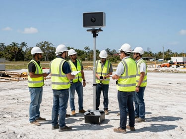 AJE Consulting team member in high-visibility gear operating a ground-penetrating radar on a construction site, Florida landscape in background, bright direct sunlight.