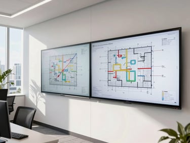 A clean modern office environment in Fort Lauderdale with large mapping displays on the wall, engineers analyzing physical blueprints, bright daylight, sharp documentary photography