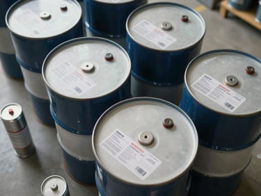 Overhead close-up of industrial lubricant oil drums and metallic grease cartridges on a clean workshop floor, bright daylight, sharp label detail visible on drum tops