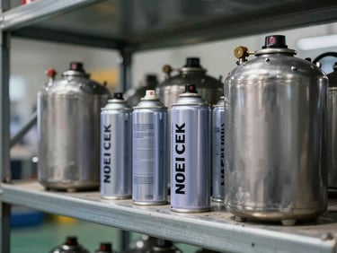 Close-up of industrial chemical containers and spray cans on a metal shelf in a factory storage area, clean overhead lighting, sharp product detail on metallic surfaces