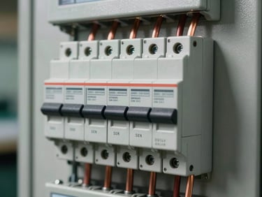 Extreme close-up of industrial electrical switchgear panel with copper busbars and circuit breakers on a neutral gray background, studio strobe lighting, sharp detail on terminals and labeling