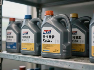 Close-up product shot of industrial lubricant containers and grease cartridges on a steel shelf, clear daylight from a factory window, labels and viscosity grades in sharp focus, neutral grey background