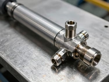Close-up overhead shot of hydraulic cylinder and stainless steel fittings on a metallic workshop surface, bright daylight studio lighting, sharp focus on threaded connectors and hydraulic hose ends