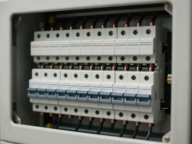Close-up shot of an electrical distribution panel interior, circuit breakers and copper busbars in precise rows, daylight-balanced studio lighting, neutral white panel housing, high-contrast sharp detail on component labeling