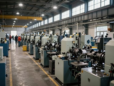 Wide environmental shot of a large active Turkish manufacturing plant floor — rows of industrial machinery in operation, steel structures receding into the background, workers in hard hats visible at mid-distance, lit by bright overhead industrial lighting with daylight entering through high clerestory windows, high contrast, no mood lighting