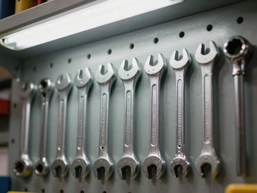 Close-up detail shot of a row of industrial hand tools — torque wrenches, ratchets, and hex key sets on a steel pegboard, bright overhead fluorescent lighting, sharp metallic reflections