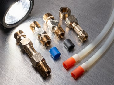 Overhead technical shot of pneumatic fittings, push-in connectors and polyurethane tubing arranged on a brushed aluminum surface, studio strobe top-light, sharp focus on threaded NPT ends and color-coded tube ends
