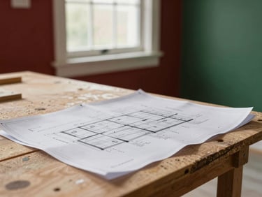 A clean, organized residential construction site with crisp blueprints laid out on a wooden workbench, soft ambient lighting