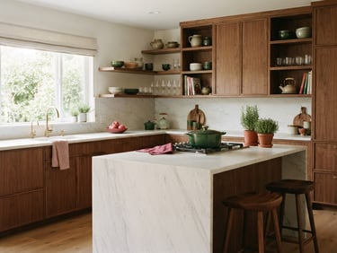 Warm editorial photography of a completed modern kitchen renovation, natural window light highlighting rich woodwork and clean countertops, 35mm