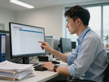 Close environmental shot of a dispatcher at a desk in a logistics office, reviewing a freight manifest on a monitor, overhead fluorescent lighting, stacks of paperwork and binders visible on the desk edge, natural daylight from a window to the right