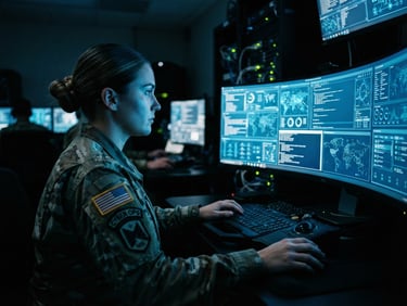 Over-the-shoulder shot of a military student in a dark lab, cool blue screen glow reflecting on their face, lines of code and network mapping on screen, professional 35mm lens photography