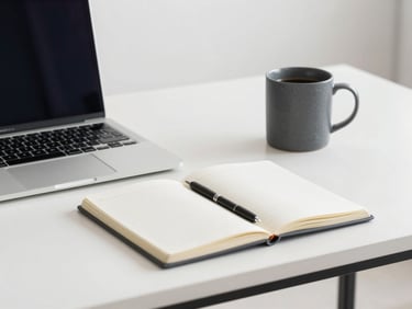 A clean modern office desk with an organized notebook, a sleek laptop, and a slate gray coffee mug in bright neutral daylight, architectural lines