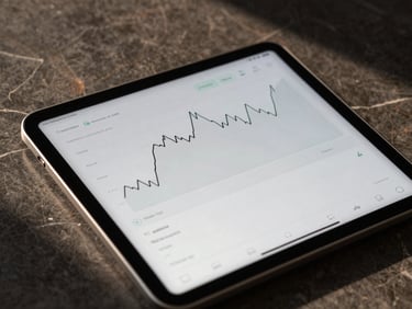 Close-up of a premium titanium tablet displaying a minimalist financial dashboard with clean lines, warm natural side lighting, dark marble background, high-contrast shadows