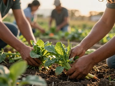 Warm editorial photography of a community garden in Michoacán, hands harvesting fresh vegetables under golden-hour daylight, shallow depth of field, 35mm