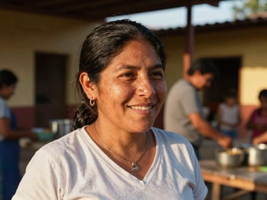 Close-up of a woman smiling warmly in a community kitchen in Michoacán, natural golden-hour lighting, 35mm