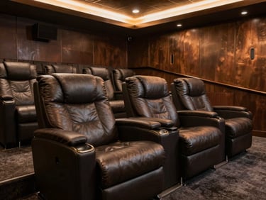 Plush, ergonomic dark leather cinema seating in a luxury private home cinema, warm bronze accents, deep shadows, rich bronze and charcoal tones.
