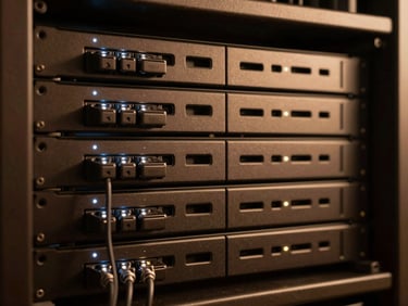 Extreme close-up of a neatly organized, high-end AV rack with elegant cabling, subtle LED indicator lights, warm ambient architectural lighting, deep shadows, rich bronze and charcoal tones, Hasselblad medium format.