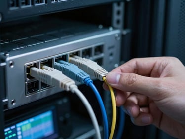 Close-up of a network engineer's hand adjusting a high-speed fiber optic patch cable in a server cabinet, sharp focus, low-key lighting.