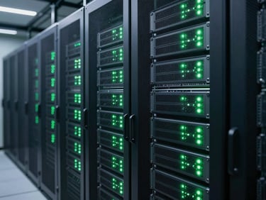 Rows of enterprise-grade server rack units in a modern data center, blinking green status LEDs, cool-toned industrial lighting, technical depth.