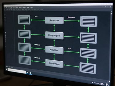 A clean, cool-toned architectural schematic of database clustering and API gateways displayed on a dark developer monitor, green accent lines, sharp focus.