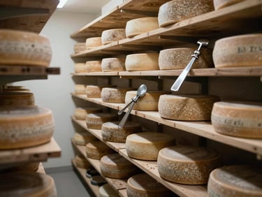 Inside a clean, modern French cheese aging cellar with wooden shelves and stainless steel tools.