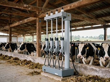 A modern milking robot operating in a clean, spacious wooden-beamed dairy farm, healthy Holstein cows nearby, natural overcast daylight