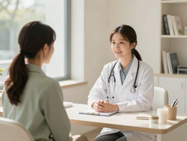 Relaxed doctor-patient consultation in a luxurious, sunlit clinic office, bright natural daylight, soft ivory and muted sage tones