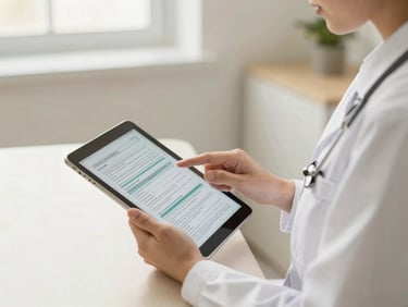 Medical professional reviewing detailed scientific data on a tablet in a clinic, bright natural daylight, soft ivory and muted sage tones