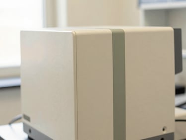 Close-up of advanced diagnostic technology in a modern lab, bright natural daylight, soft ivory and muted sage tones, shallow depth of field