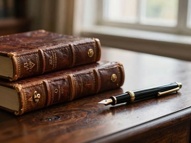 Close-up of antique leather-bound legal treatises and a fountain pen resting on a dark oak desk, warm morning light filtering through a window.